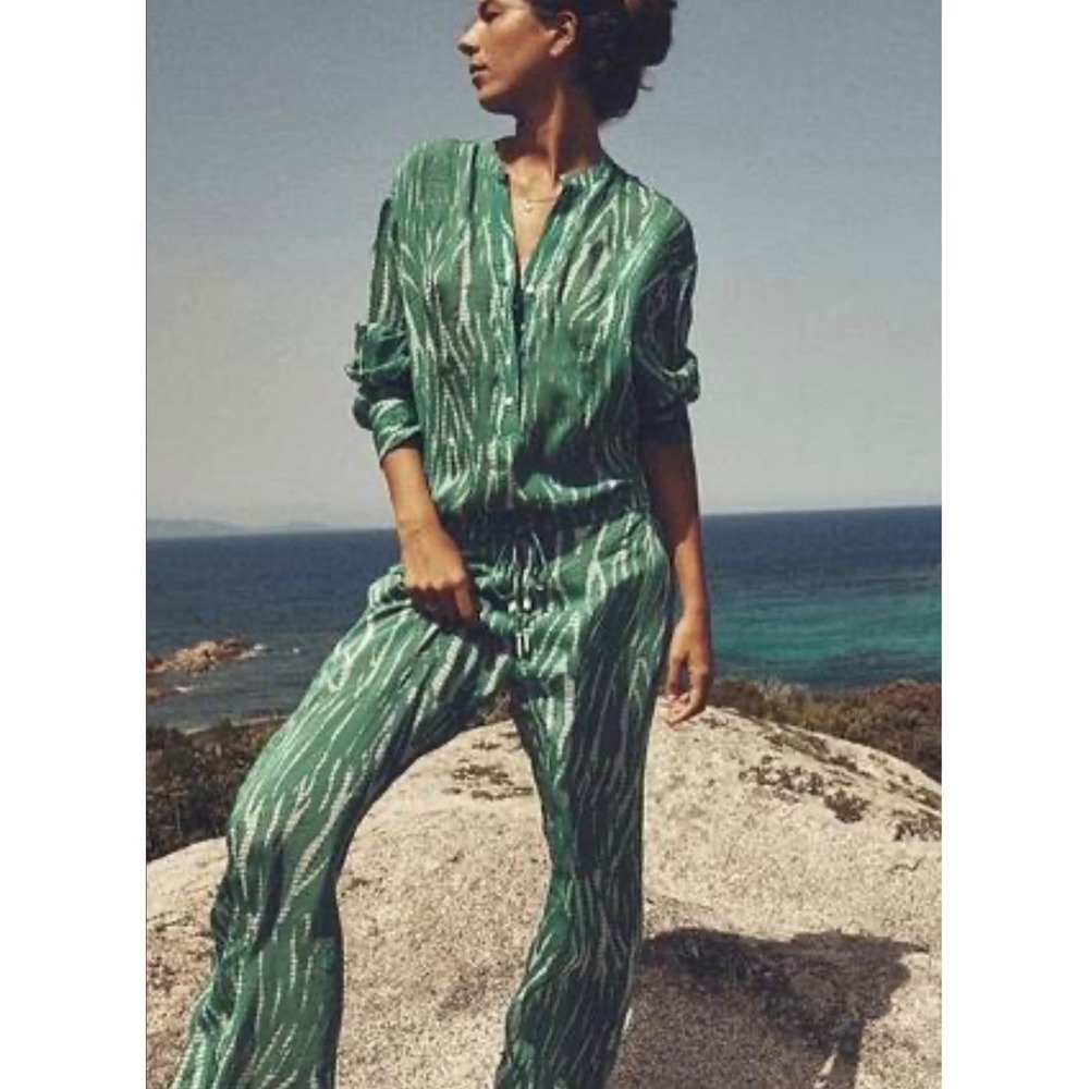 Zara Womens Green White Tie Dye 2 Piece Set Tunic Top Wide Leg Pants XS oversize